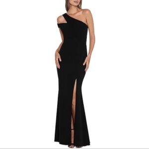 NWT Xscape One Shoulder Side Slit Black Gown Black Formal Dress Size 10